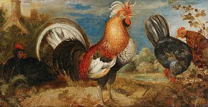 风景中的公鸡和鸡`A rooster and chicken in a landscape by Roelant Savery