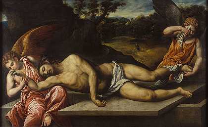 死去的基督哀悼`Dead Christ mourned by angels (circa 1550) by angels by Paris Bordone