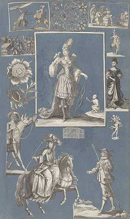 粘贴在蓝纸Pl 03上的剪纸拼贴画`Collage of cut out prints pasted on blue paper Pl 03 (1585)