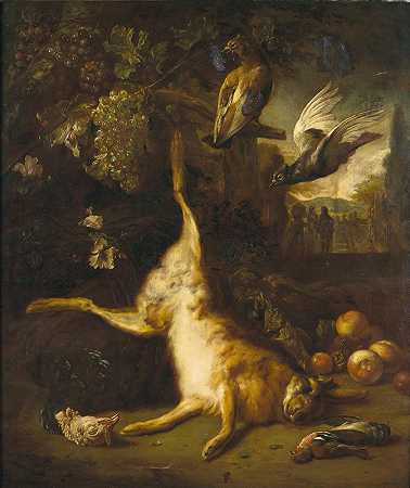 与野兔和鸟类的游戏，佛兰德学校远处的公园景观`Game with a hare and birds, a park landscape beyond (18th Century) by Flemish School