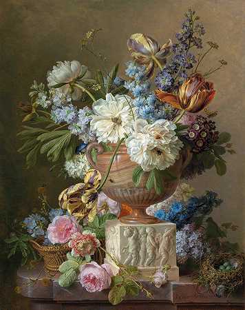 杰拉德·范·斯潘多恩克的雪花石膏花瓶《花卉静物》`Flower Still~life with an Alabaster Vase (1783) by Gerard van Spaendonck