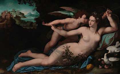 维纳斯解除丘比特的武装`Venus Disarming Cupid (circa 1570) by Alessandro Allori