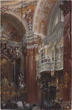 阿道夫·门泽尔（Adolph Menzel）在因斯布鲁克（Innsbruck）设计的雅各布斯基教堂屋内`The Interior of the Jacobskirche at Innsbruck (1872) by Adolph Menzel