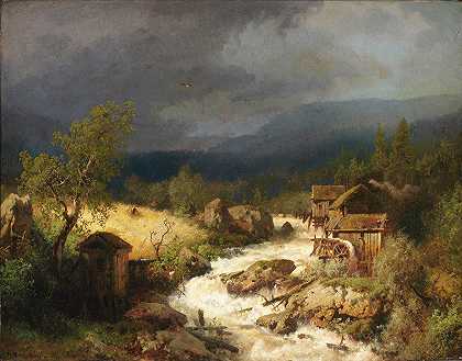 奔流`Mill on a Torrent (1871) by Hermann Ottomar Herzog