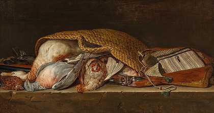 彼得·安德烈亚斯·瑞斯布雷克二世的《柳条篮子里的家禽狩猎静物》`A hunting still life with fowl in a wicker basket (1738) by Pieter Andreas Rysbraeck II