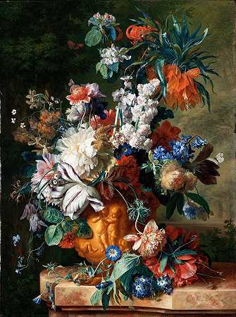 简·范·惠瑟姆的骨灰缸里的花束`Bouquet of Flowers in an Urn (1724) by Jan van Huysum