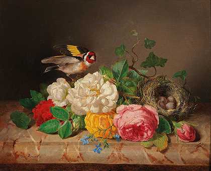 约瑟夫·劳尔（Josef Lauer）设计的带有斯蒂格利茨（Stieglitz）和鸟巢的玫瑰花片`Rosenstück mit Stieglitz und Vogelnest by Josef Lauer