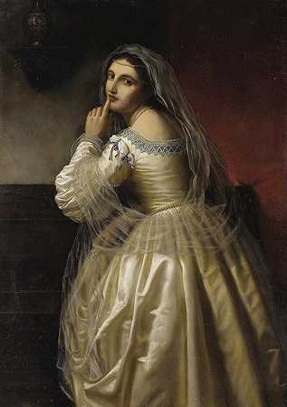 一位戴着漂亮面纱的女士的肖像`Portrait of a Lady with Beautiful Veil (19th Century) by European School