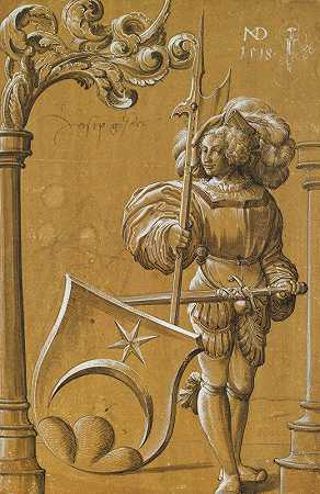 防护罩支架和盾徽Jenner的圆盘撕裂`Scheibenriss mit Schildhalter und dem Wappen Jenner (1518) by Hans Rudolf Manuel