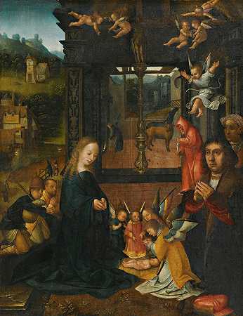 耶稣降生，一位捐赠者和他的妻子`The Nativity, With A Donor And His Wife (circa 1520~30) by Netherlandish School
