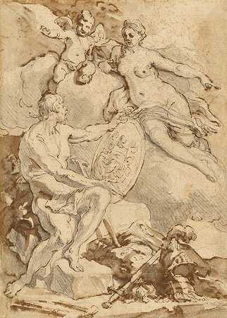 维纳斯从火神那里接收埃涅阿斯的手臂`Venus Receiving from Vulcan the Arms of Aeneas (1704) by Francesco Solimena