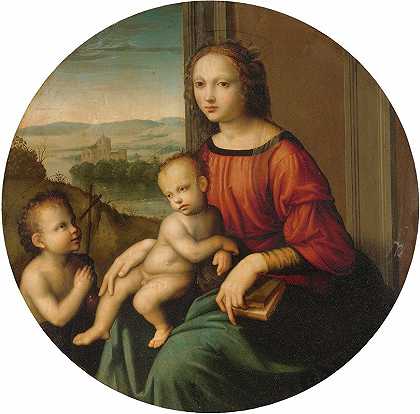 麦当娜和孩子与婴儿圣约翰浸信会`Madonna And Child With The Infant Saint John The Baptist by Master of the Scandicci Lamentation