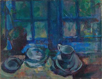 Ludvig Karsten的蓝色厨房`The Blue Kitchen (1913) by Ludvig Karsten