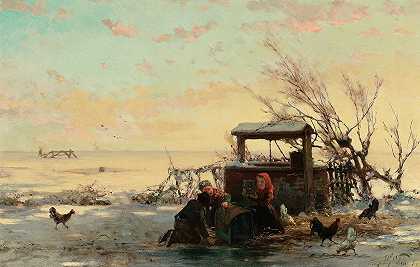 冬季农场场景`Winter Farm Scene (1881) by Henri Van Seben