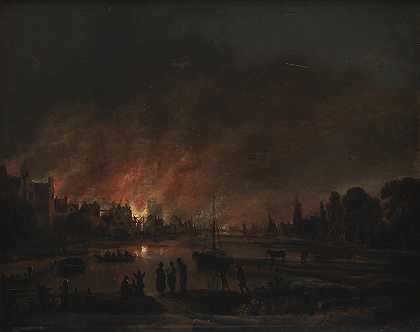 向村庄开火`Fire at a Village by Night (1618 – 1677) by Night by Aert van der Neer