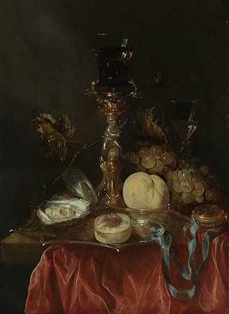 Abraham van Beyeren的银色镀金玻璃支架静物画`Still Life with Silver~Gilt Glass Holder (c. 1654 ~ c. 1660) by Abraham van Beyeren