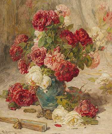 一个花瓶里放着玫瑰和一把扇子的静物画`A still life with roses in a vase and a fan by Georges Jeannin