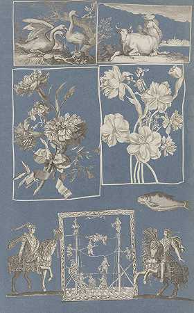 粘贴在蓝纸Pl 14上的剪纸拼贴画`Collage of cut out prints pasted on blue paper Pl 14 (1585)