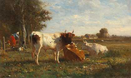 有奶牛的开阔景观`Open Landscape with Cows by Otto von Thoren