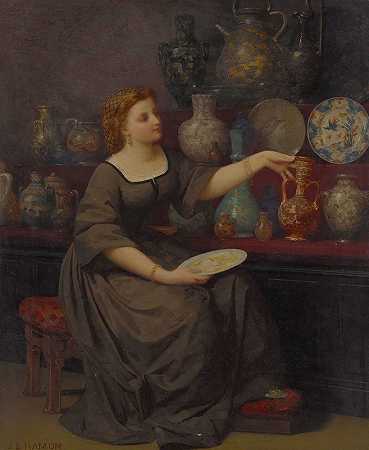 坐着欣赏花瓶的女士`A Lady Seated Admiring A Vase by Jean-Louis Hamon