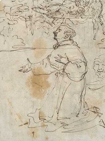 跪着的圣徒和其他素描`Kneeling Saint and other sketches (1580s) by Agostino Carracci