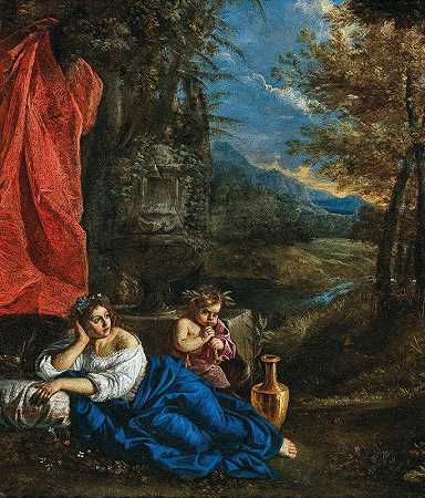 弗洛拉和幼小的巴克斯在树林中`Flora and the Infant Bacchus in a wooded landscape by Pier Francesco Mola