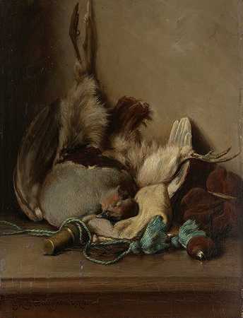 纪尧姆·安妮·范德布鲁根的《木鸽与粉角静物》`Still life with Wood Pigeon and Powder Horn (1874) by Guillaume Anne van der Brugghen