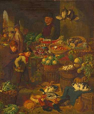 市场摊位`The Market Stall (1877) by Henry Charles Bryant