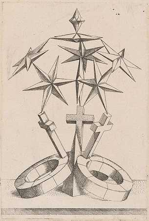 马蒂斯·祖恩特（Mathis Zündt）在三个十字架上平衡的七星透景观`A Perspective of Seven Stars Balanced on Three Crosses (1567) by Mathis Zündt