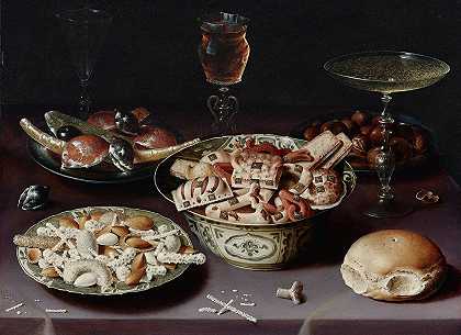 一个装有糖果的瓷器容器的静物画。。。`A Still Life Of Porcelain Vessels Containing Sweets… by Osias Beert the Elder