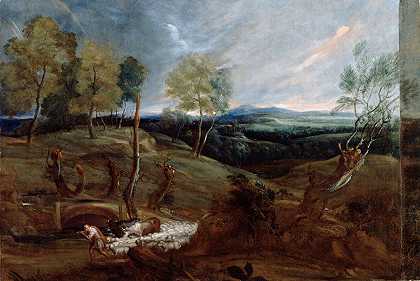 带着牧羊人和羊群的日落景观`Sunset Landscape with a Shepherd and his Flock by Anthony van Dyck