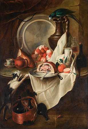 Alexandre François Desportes的《水果与火腿、猫与鹦鹉的静物画》`Still Life With Fruits And Ham With A Cat And A Parrot by Circle Of Alexandre-François Desportes