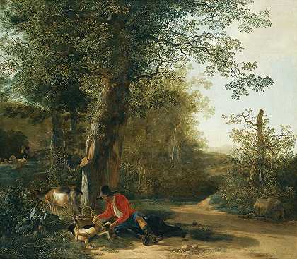 一个农民一边在树林边休息一边和他的狗玩耍`A Peasant Playing With His Dog While Resting At The Margin Of A Wood by Adam Pynacker