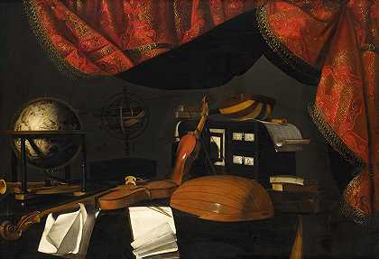 桌子上放着一个地球仪和一个由巴托洛梅奥·贝特拉（Bartolomeo Bettera）设计的幕布，还有一幅带有乐器的静物画`A still life with musical instruments and a globe on a table, a curtain behind by Bartolomeo Bettera