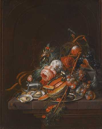 大卫·科内利兹（David Cornelisz）在石头基座上创作的一部由牡蛎、葡萄、樱桃、玫瑰、玉米、蜗牛、甜瓜和银糖瓶组成的静物画。德希姆`A Still Life Of Oysters, Grapes, Cherries, Roses, Corn, Snails, A Melon And A Silver Sugar Shaker On A Stone Plinth by David Cornelisz. de Heem