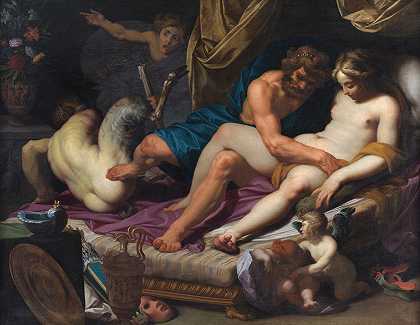 赫拉克勒斯把福努斯踢出奥姆法勒s床`Hercules Kicking Faunus out of Omfales Bed (1607) by Abraham Janssens