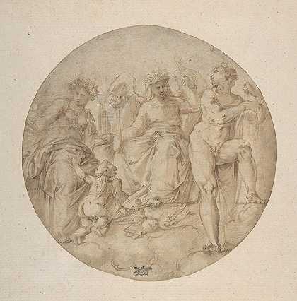 三个圆形寓言人物`Three Allegorical Figures in a Roundel (1510–61) by Battista Franco