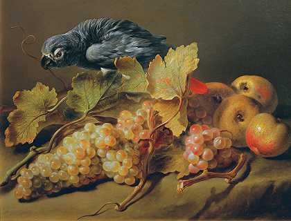 Erasmus Von Engert的《鹦鹉与葡萄的静物画》`Stillleben Mit Papagei Und Trauben (1830) by Erasmus Von Engert