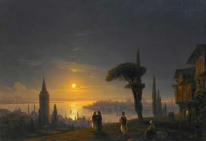 月光下的加拉塔`The Galata Tower By Moonlight ( 1845) by Ivan Konstantinovich Aivazovsky