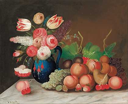 威廉·布洛·古尔德的《带水果和花朵的静物画》`Still life with fruit and flowers (1840s) by William Buelow Gould
