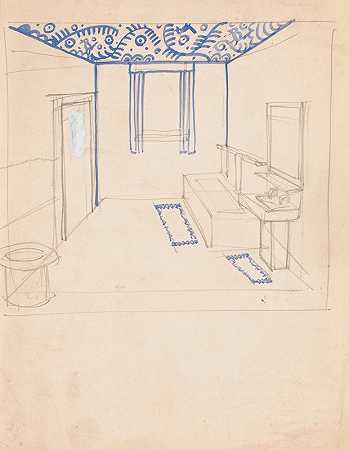 纽约州纽约市71街和百老汇阿拉马克室内设计草图。][浴室屋内透景观不完整]`Interior design sketches for Alamac Hotel, 71st and Broadway, New York, NY.] [Incomplete interior perspective of a bathroom (1923) by Winold Reiss