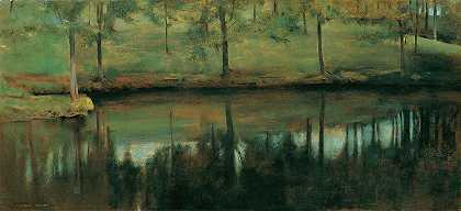给梅尼尔的池塘浇水`Unbewegtes Wasser Der Teich von Menil (1894) by Fernand Khnopff
