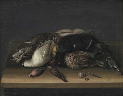 雅各布·比尔提乌斯的《木桌上的野禽》`Wildfowl On A Wooden Table (1648 – 1681) by Jacob Biltius