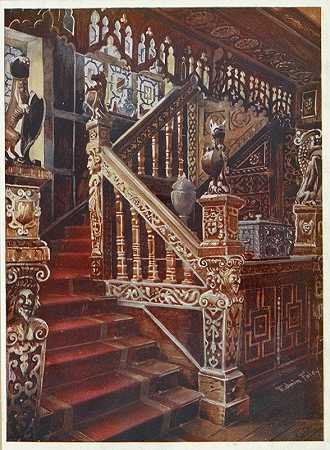 雕花橡木楼梯，埃德温·弗利的《戈丁顿》`Carved oaken stairway, Godinton (1910 ~ 1911) by Edwin Foley