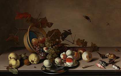 巴尔塔萨·范德阿斯特的《水果静物与柳条篮、贝壳和蝴蝶》`A fruit still life with a wicker basket, shells and a butterfly by Balthasar van der Ast
