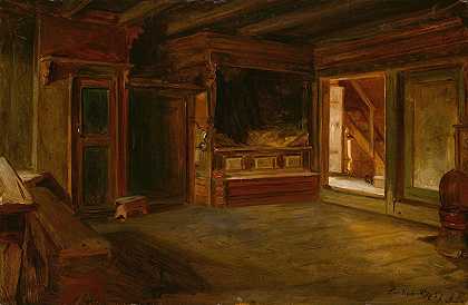 Adolph Tidemand的Sandak农场屋内`Farm Interior from Sandak (1857) by Adolph Tidemand