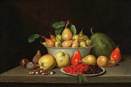 雅各布·塞缪尔·贝克的《窗台上的水果静物》`A still life of fruit on a ledge by Jacob Samuel Beck