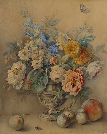 银色脚轮中的花朵，前景中的水果，雅克·安德烈·波泰尔（Jacques AndréPortail）`Flowers in a Silver Caster, Fruit in the Foreground (18th century) by Jacques André Portail