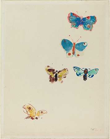 五只蝴蝶`Five Butterflies (c. 1912) by Odilon Redon