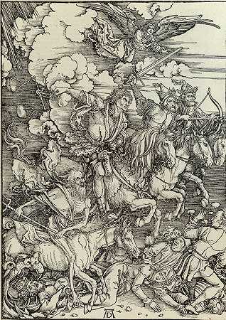 《启示录》中的四个骑士`The Four Horsemen of the Apocalypse, from The Apocalypse (c. 1498) by Albrecht Dürer